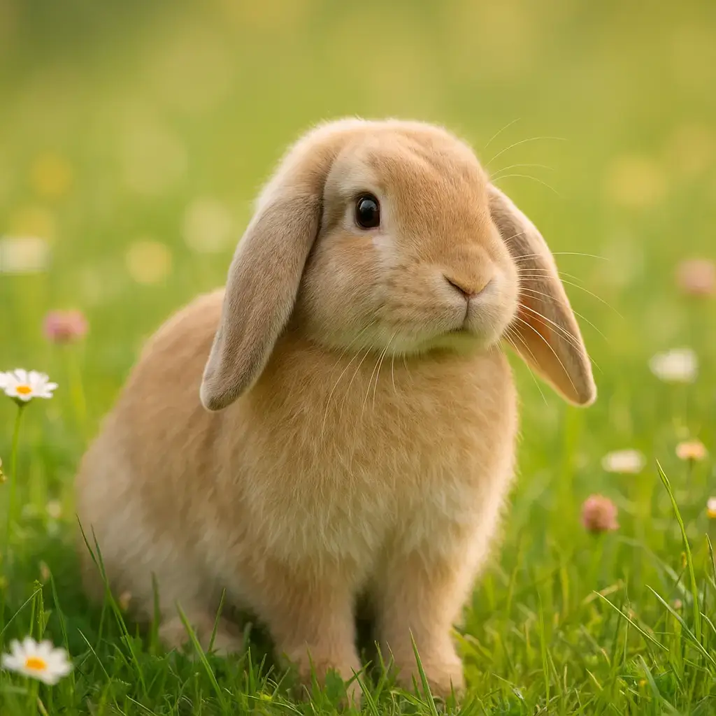 Un lapin bélier aux longues oreilles tombantes, assis dans une prairie lumineuse, rendu réaliste, doux et professionnel.