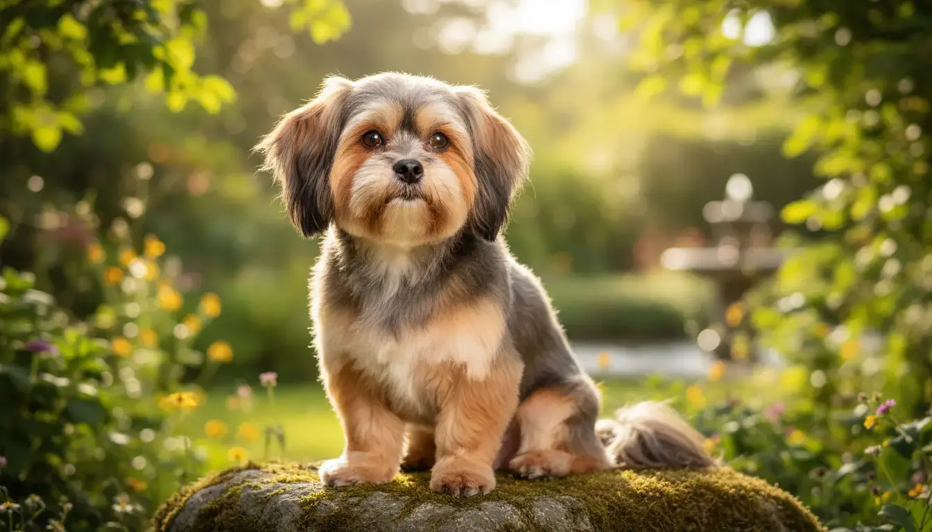 Petit chien lion élégant en portrait, pelage soigné, regard vif, assis dans un décor lumineux et naturel.