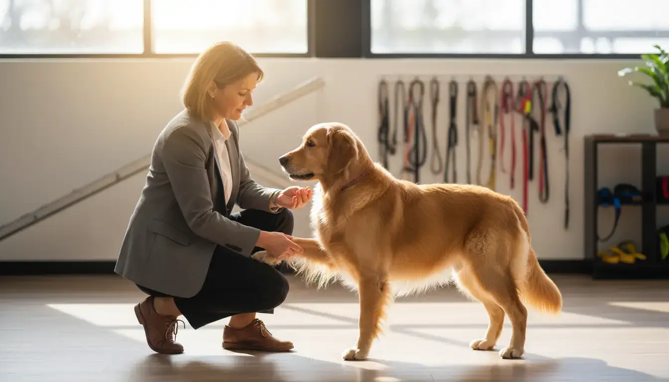 Propriétaire attentif avec chien de race dans un cadre soigné, ambiance d’expertise canine, lumière naturelle, image réaliste et professionnelle.
