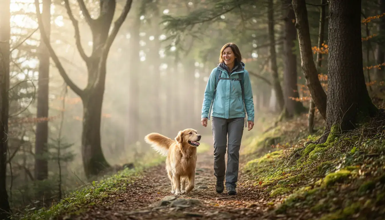 Randonneur souriant marchant sur un sentier forestier avec un golden retriever, lumière douce, ambiance paisible, paysage naturel réaliste.
