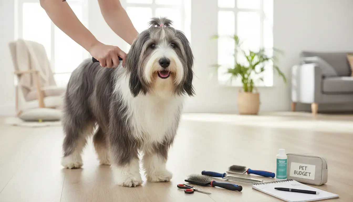 this chien standing in a bright home grooming scene, a realistic bearded collie with a long shaggy coat and friendly expressive eyes, being gently brushed by its owner, with grooming tools, a subtle pet health kit, and a small budget notebook nearby, soft natural light, detailed fur texture, realistic editorial pet photography style