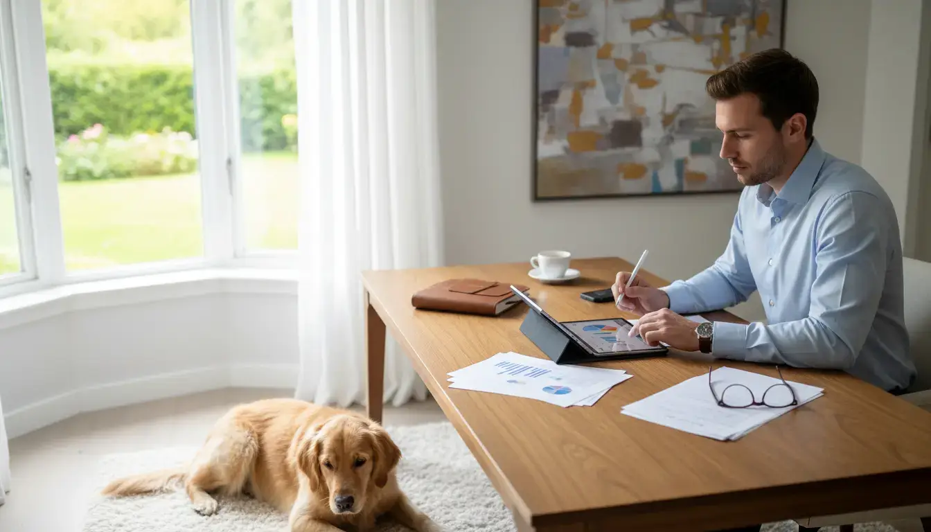 Jeune golden retriever avec un propriétaire consultant un budget et des accessoires, dans un intérieur lumineux, ambiance réaliste et professionnelle.