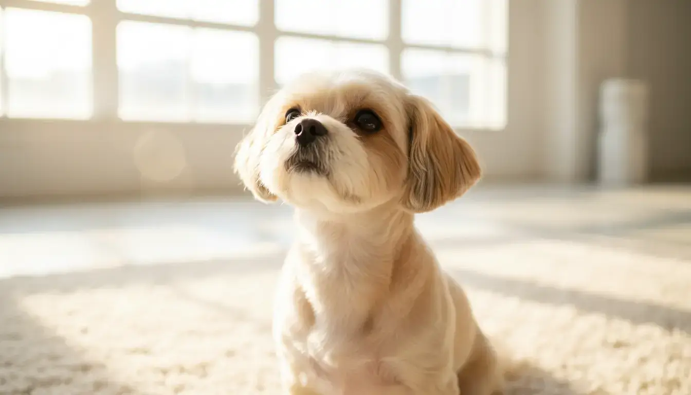 Petit chien de compagnie élégant, assis sur un fond lumineux, regard attendrissant, ambiance professionnelle, image réaliste et chaleureuse.