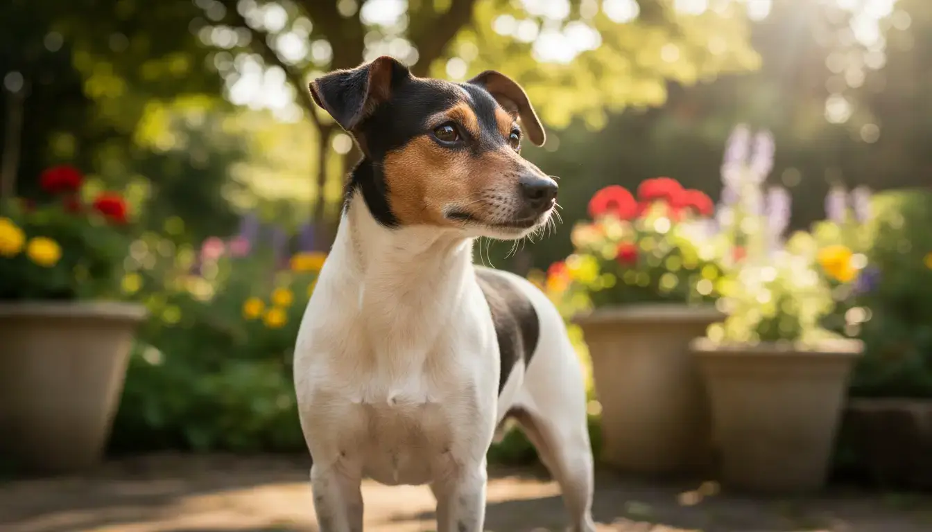 Petit chien ratier attentif dans un jardin, regard vif, posture dynamique, lumière naturelle, rendu réaliste et professionnel.