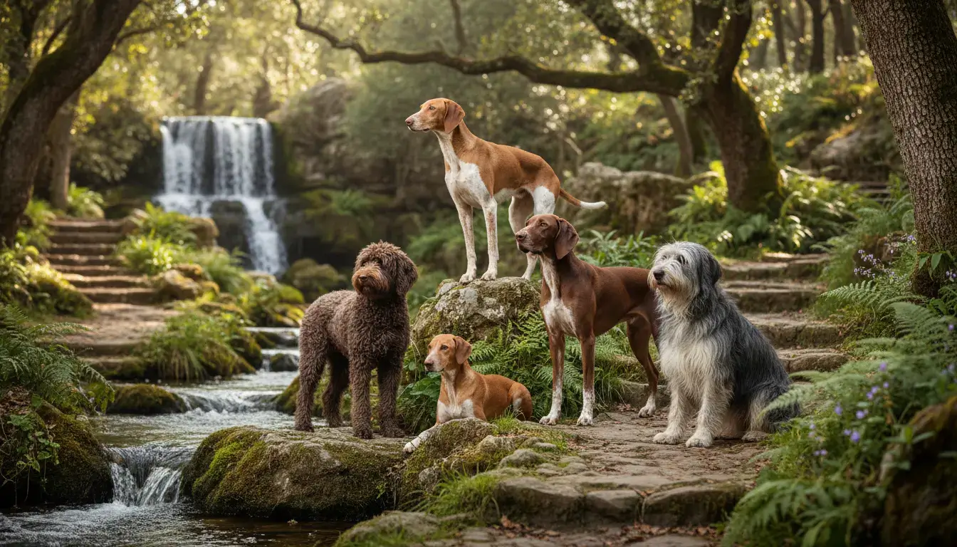 Plusieurs chiens de races portugaises dans un décor naturel élégant, mise en scène réaliste et professionnelle, mettant en valeur leurs particularités distinctives.
