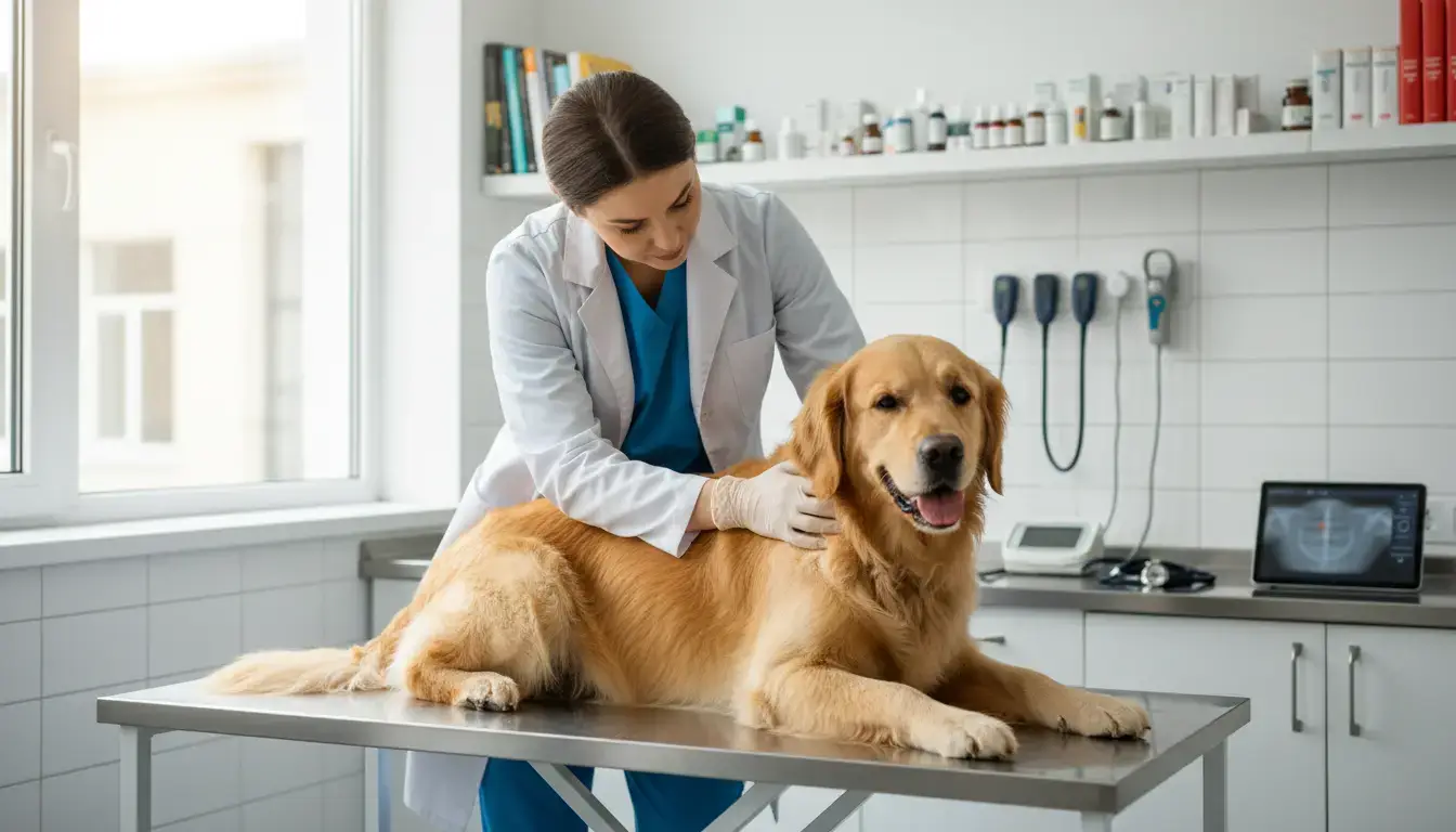 Un vétérinaire professionnel examinant un chien dans un cabinet moderne, éclairage lumineux, atmosphère de confiance, expertise médicale et soin animalier, style photographique réaliste.