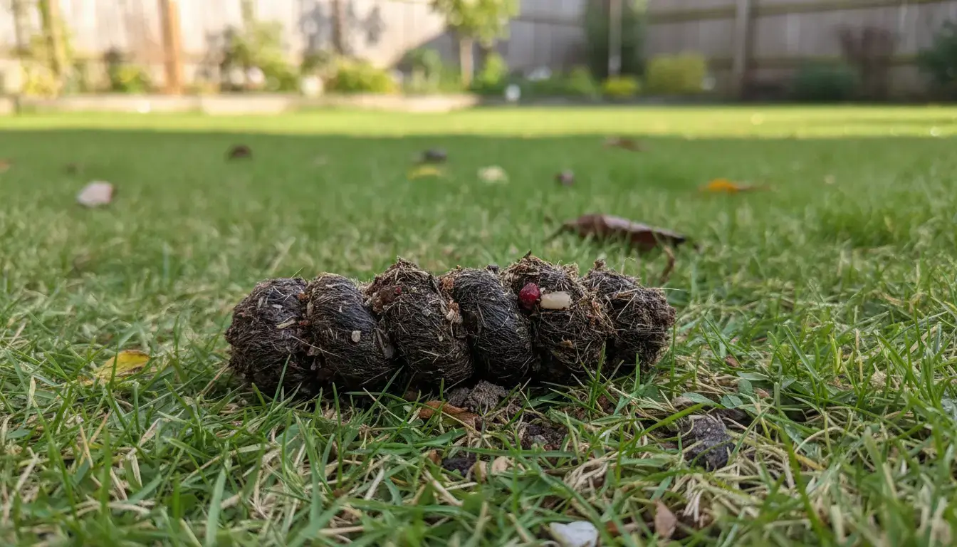 Gros plan réaliste d’une crotte de renard dans un jardin propre, avec pelouse, terre et lumière naturelle, ambiance informative et professionnelle.