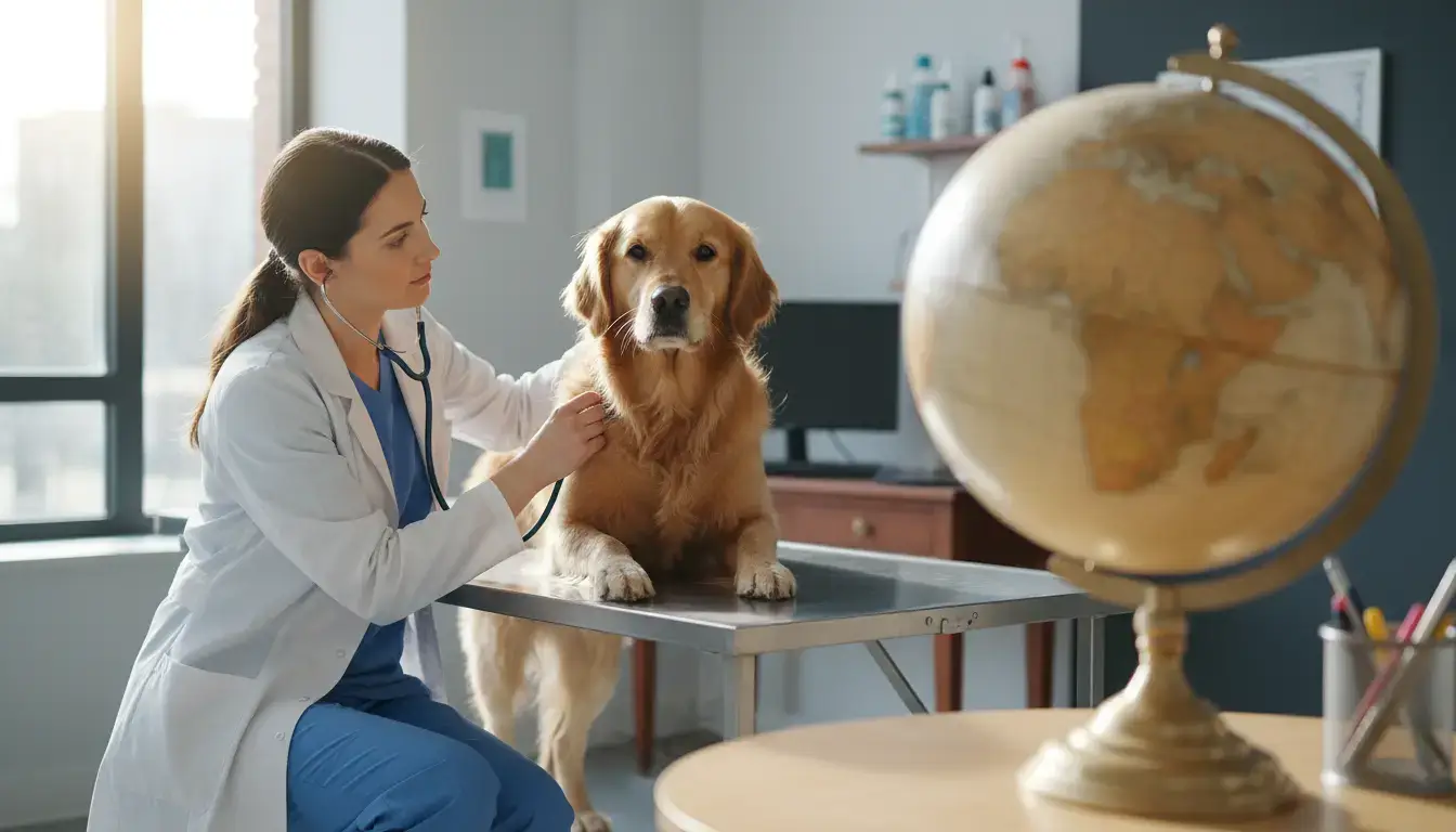 Un vétérinaire attentionné soigne un chien dans une clinique moderne, un globe terrestre en arrière-plan symbolisant un leadership mondial.