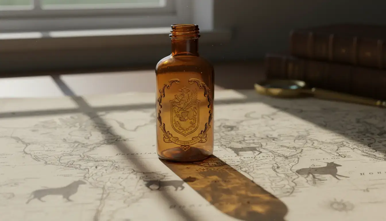 Un flacon de médicament vétérinaire ancien, gravé d'un blason familial, projetant son ombre sur une carte du monde et des silhouettes animales.