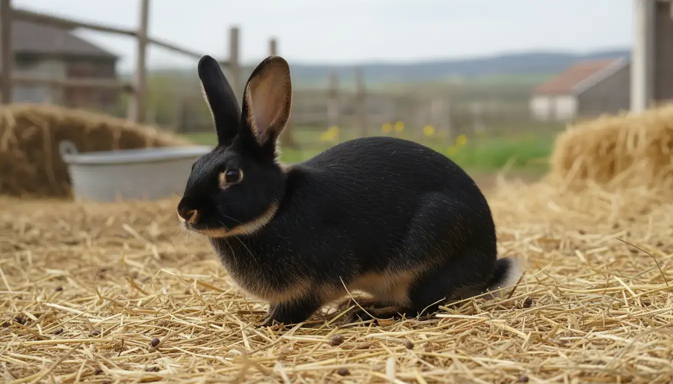 this lapin standing in a rustic farmyard, a resilient rabbit breed known as “lapin chèvre,” with a sturdy build, alert ears, and thick fur, photographed in realistic natural light, rural countryside background, soft earthy tones, detailed fur texture, editorial wildlife illustration style, shallow depth of field, high resolution, highly realistic composition