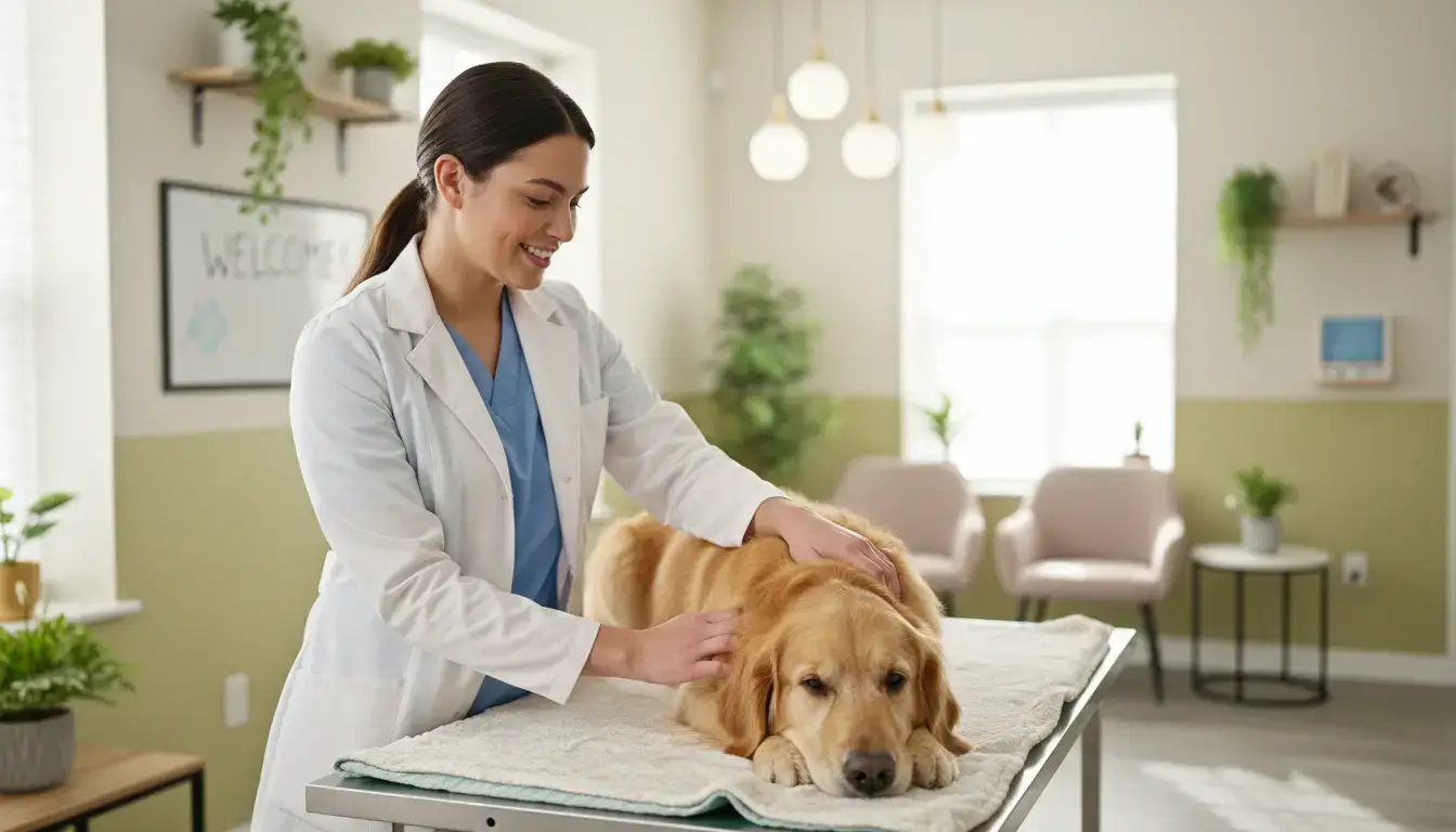 Vétérinaire souriant examinant un chien calme dans une clinique vétérinaire lumineuse, ambiance sécurisante et confort.