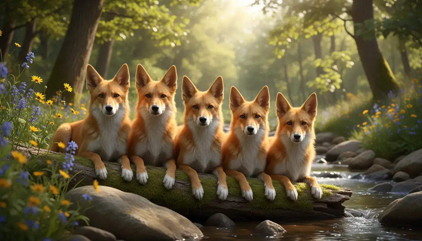 Plusieurs chiens au pelage roux et aux oreilles pointues, ressemblant à des renards, posés ensemble dans un décor naturel lumineux.