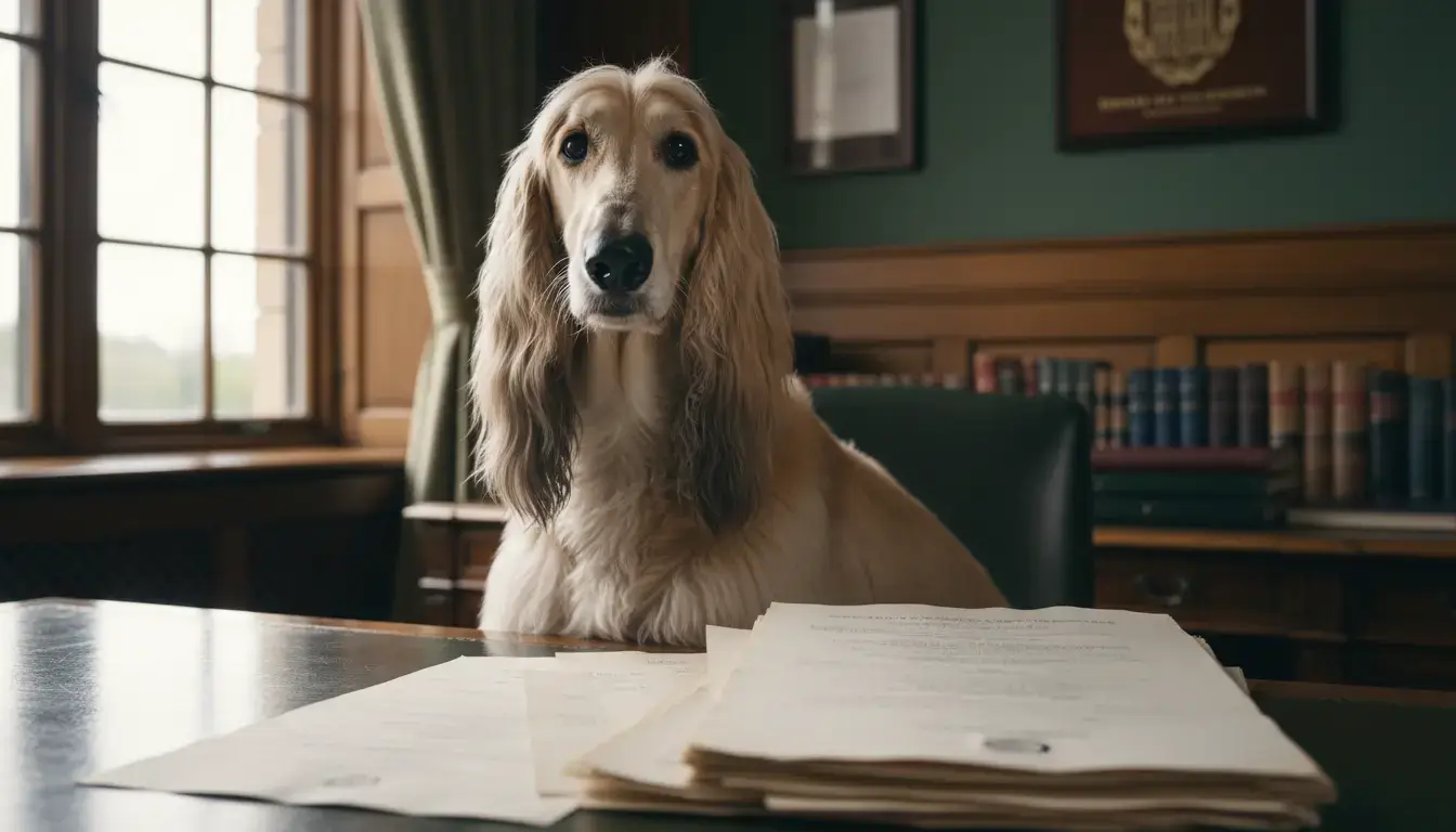Portrait réaliste d’un chien de race élégant devant des documents d’élevage, ambiance institutionnelle professionnelle, lumière naturelle, composition éditoriale.