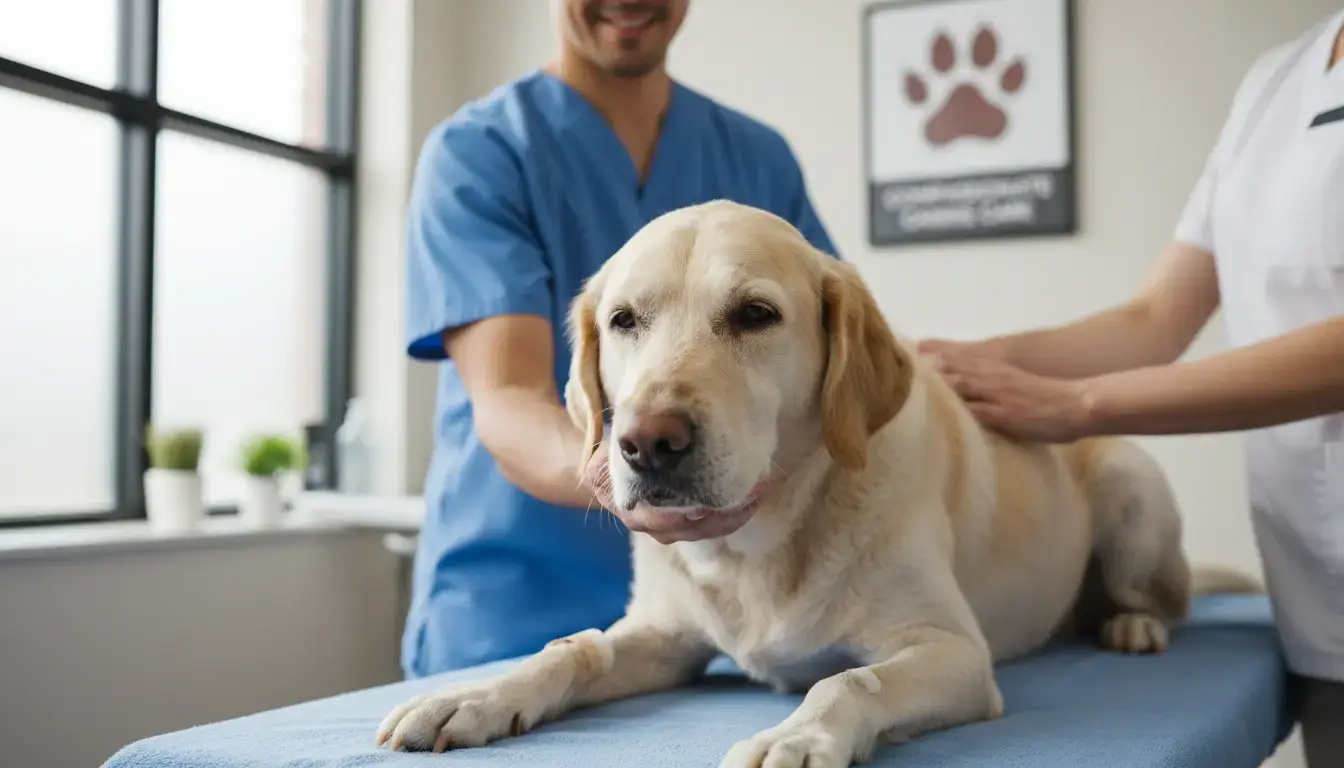 Chien malade chez le vétérinaire, regard fatigué, pelage clairsemé, ambiance rassurante, image réaliste et professionnelle de soins canins.