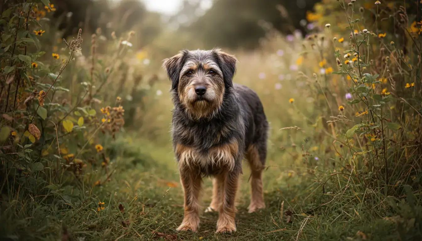 Chien croisé au pelage épais, regard intelligent, debout dans un jardin naturel, lumière douce, ambiance professionnelle et réaliste.
