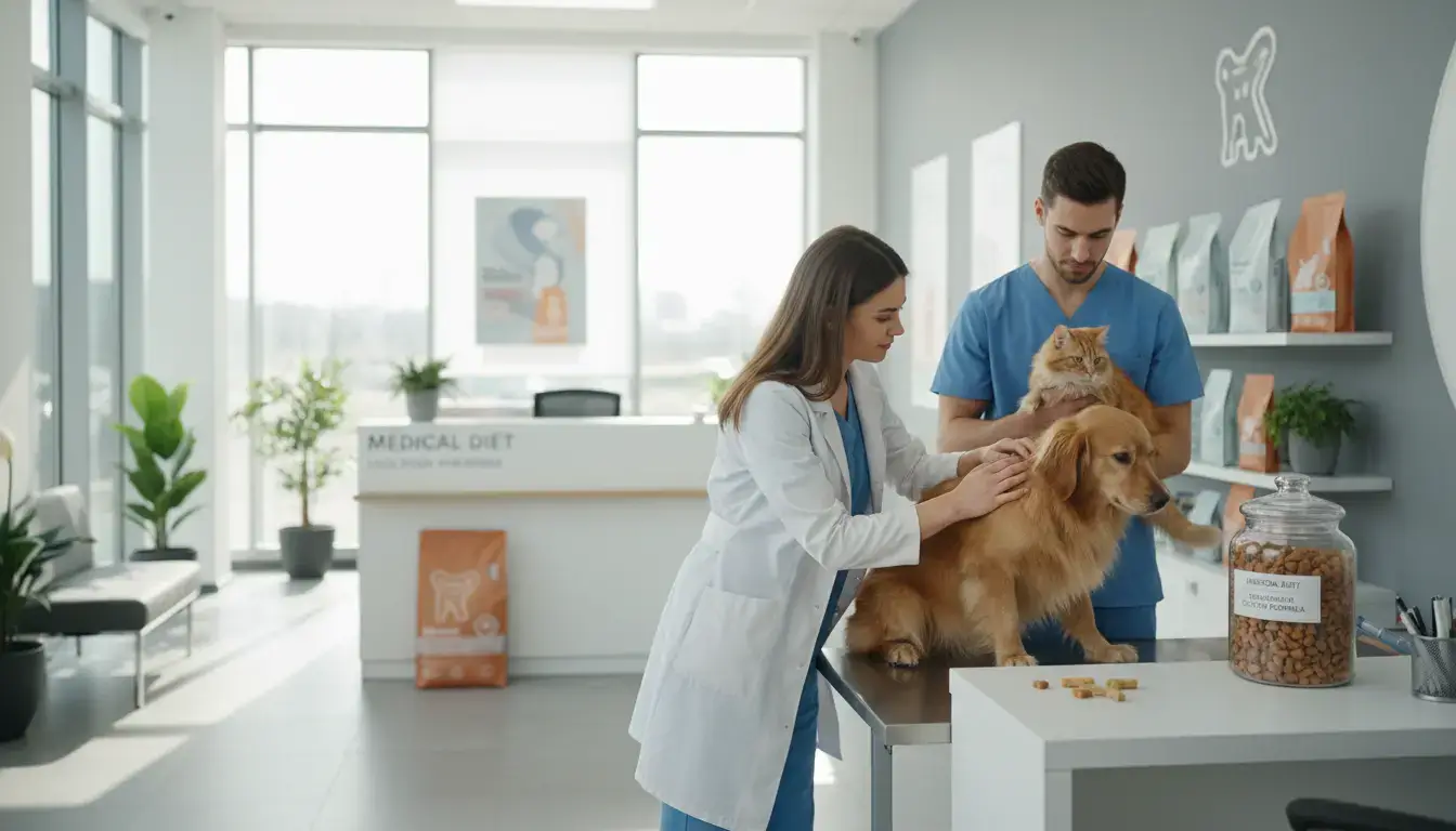 Clinique vétérinaire moderne, vétérinaire examinant un chien et un chat, croquettes médicales sur mesure, ambiance professionnelle, lumière naturelle, image réaliste.