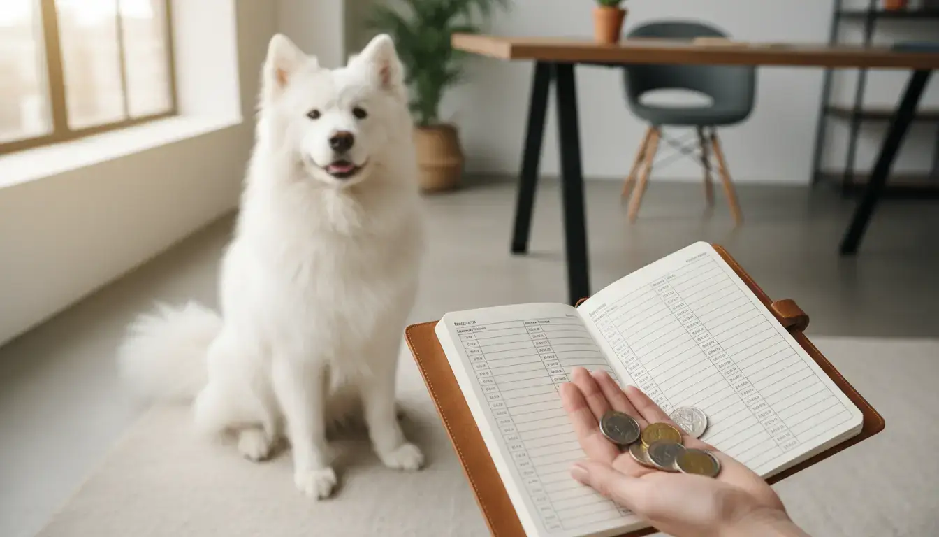 Un chien Samoyède blanc en intérieur lumineux, avec une main tenant un carnet de budget et des pièces, ambiance réaliste et professionnelle.