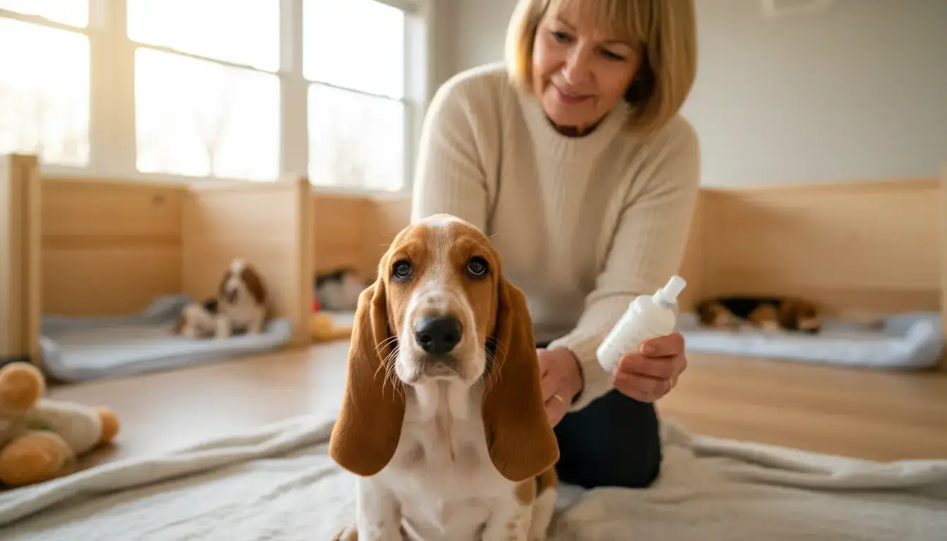 Un adorable chiot à longues oreilles dans un élevage soigné, avec un éleveur attentionné, ambiance chaleureuse, lumière naturelle, style réaliste.