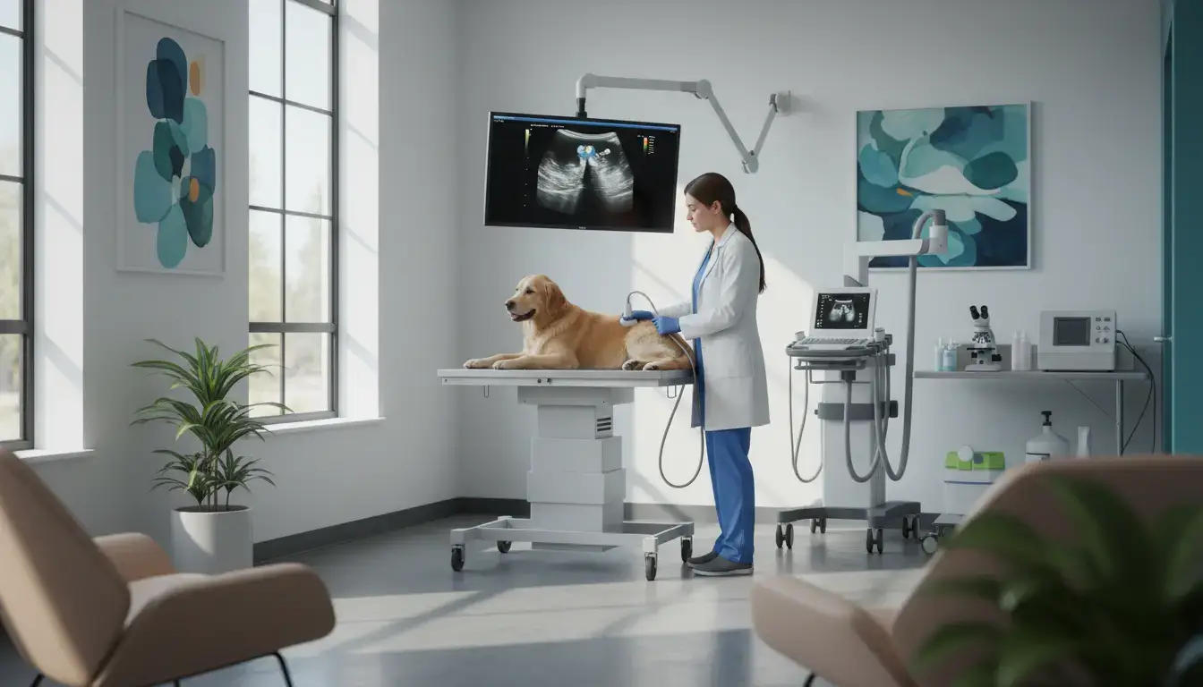 Clinique vétérinaire moderne avec un vétérinaire examinant un chien, équipements de diagnostic avancés, ambiance professionnelle, lumière naturelle, style réaliste.