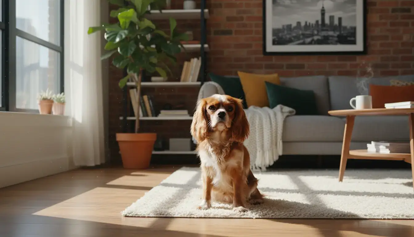 Petit chien calme assis dans un salon lumineux d’appartement, ambiance chaleureuse, style réaliste et professionnel, évoquant la vie urbaine.