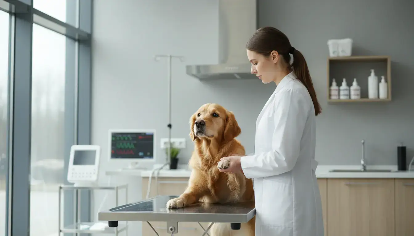 Vétérinaire en blouse blanche examinant un chien dans une clinique moderne, ambiance professionnelle, confiance, santé animale, lumière naturelle.