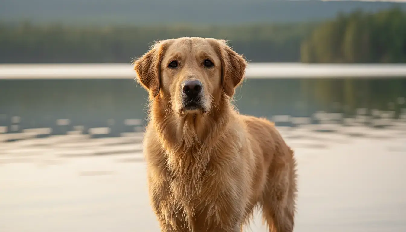 Goldador dog with a dense double coat standing outdoors near water