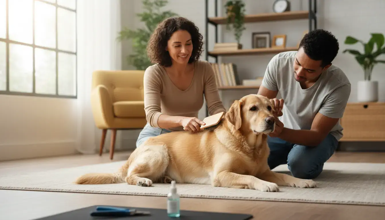 Goldador grooming routine with brushing, ear cleaning and nail care at home