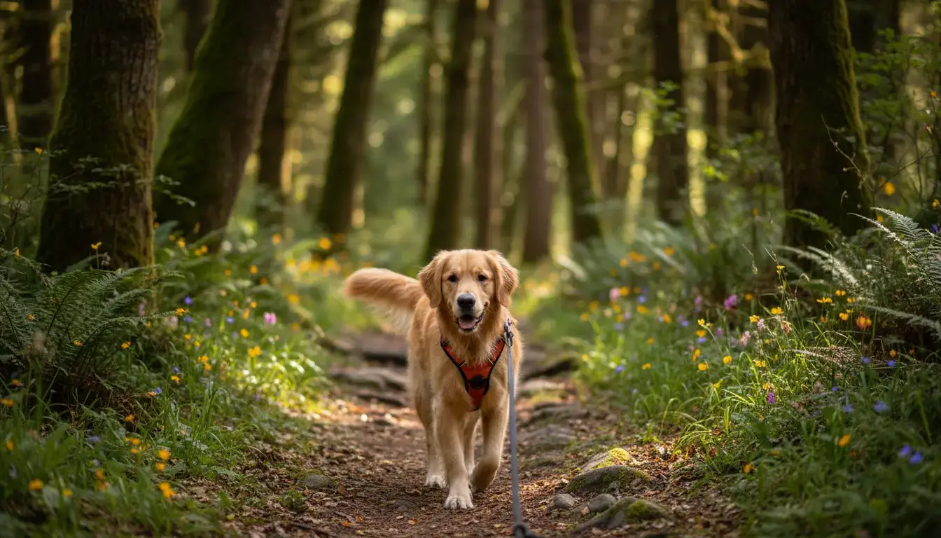 Golden retriever hiking on a forest trail with a harness and leash