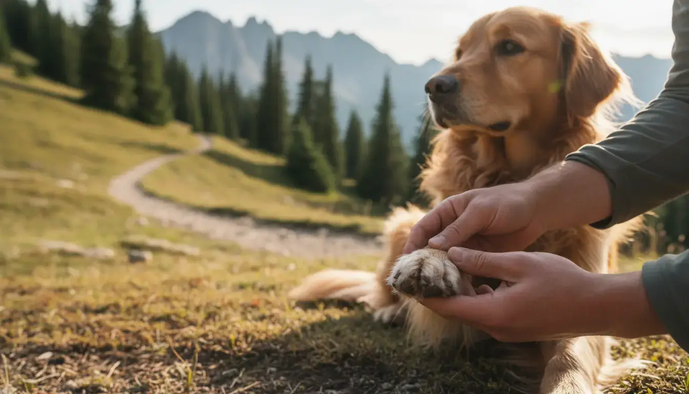 Dog paws being checked after a mountain hike