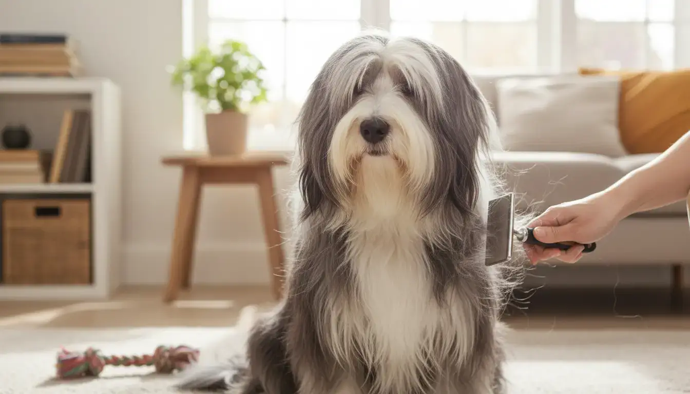 this chien being brushed at home