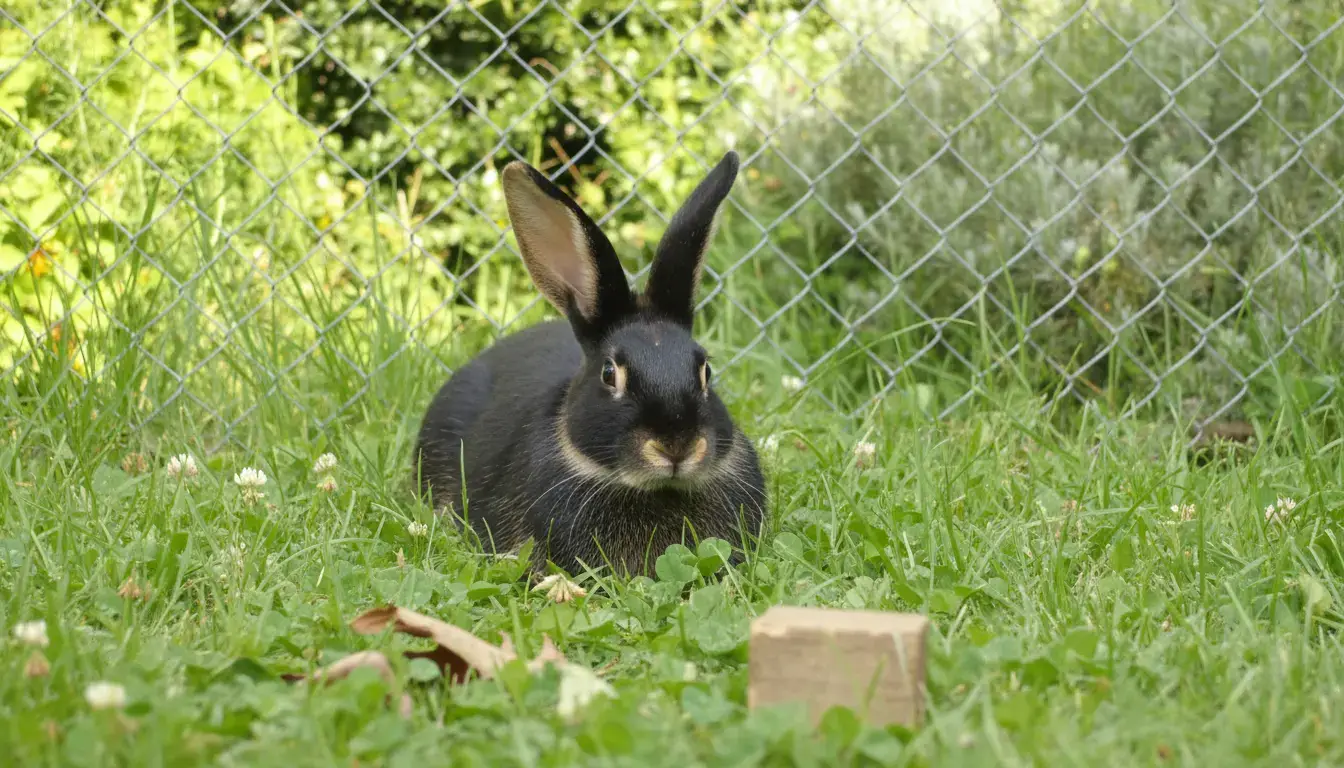 this lapin resting in a grassy enclosure