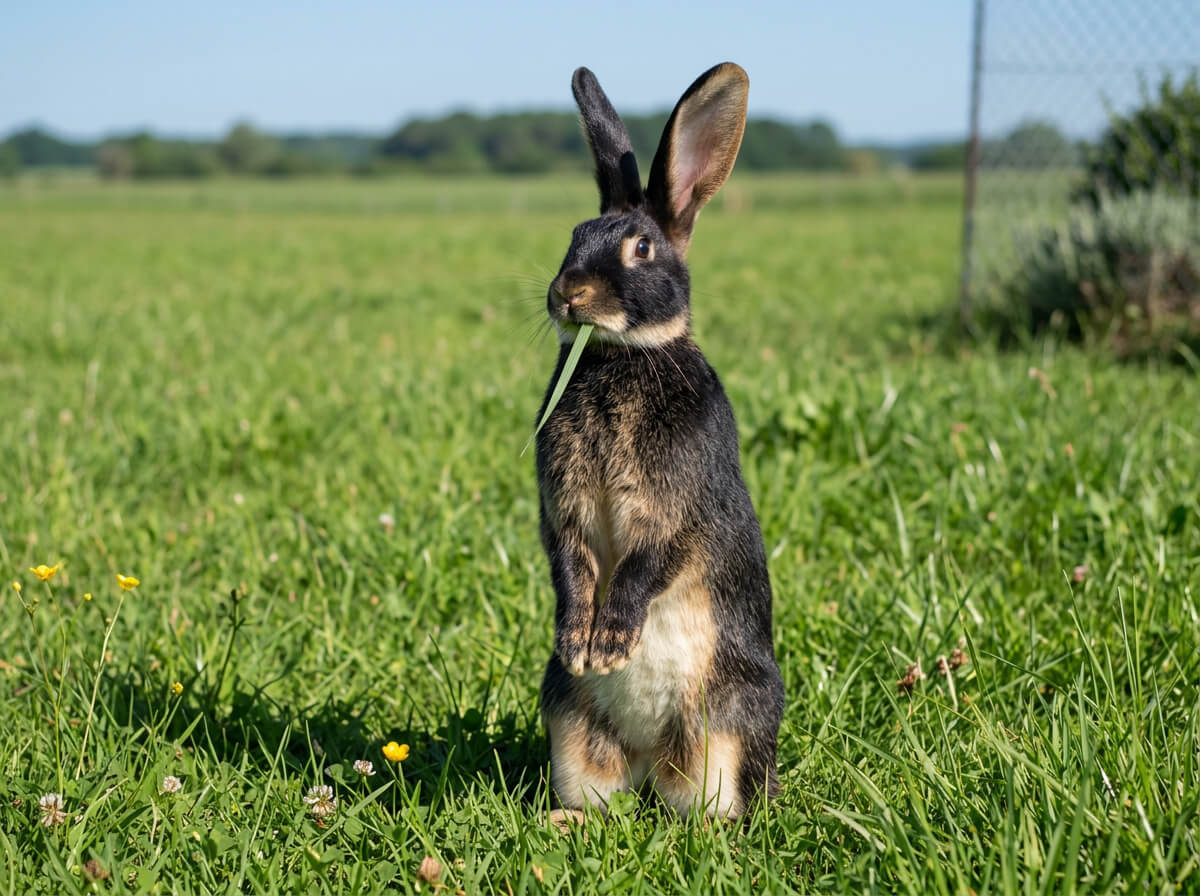 un lapin chèvre debout aux aguers