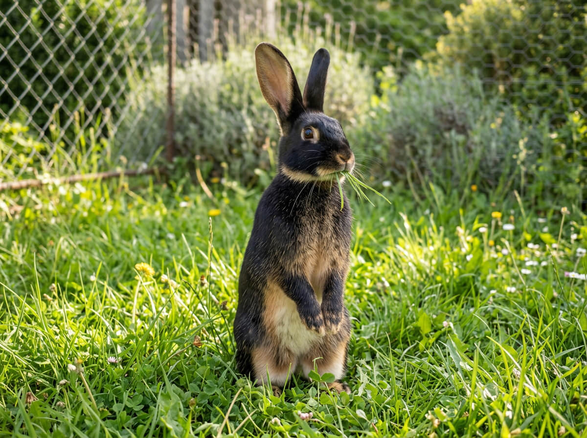 un lapin chèvre en train de manger