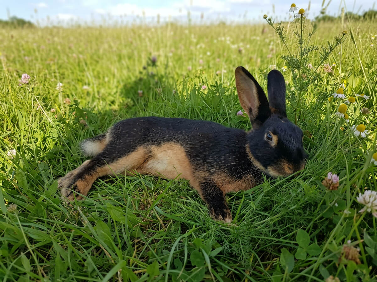un lapin chèvre qui se repose