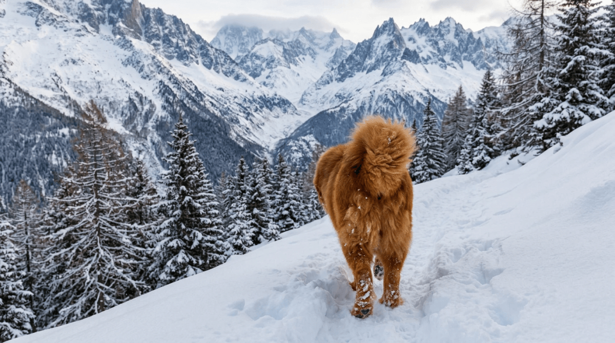 dogue du tibet dans les alpes