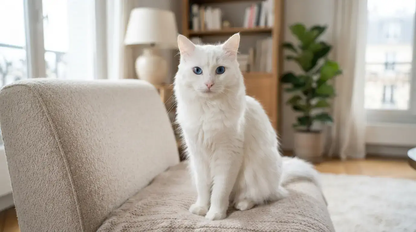 Chat blanc aux yeux bleus, regard intense, posé dans un intérieur lumineux, ambiance soignée, réaliste et élégante.