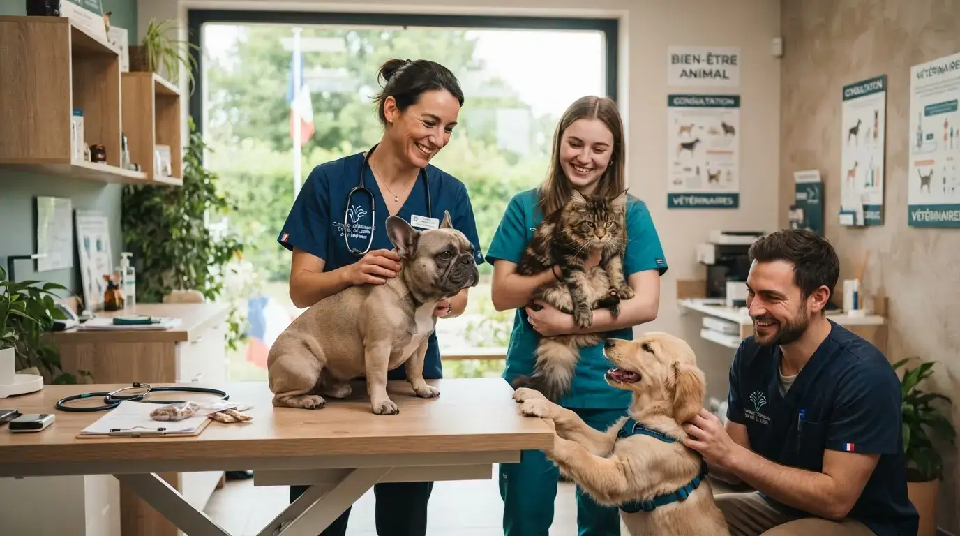Portrait réaliste d’une équipe vétérinaire attentive auprès de plusieurs animaux en bonne santé, ambiance professionnelle, moderne et chaleureuse, symbole de bien-être animal en France.