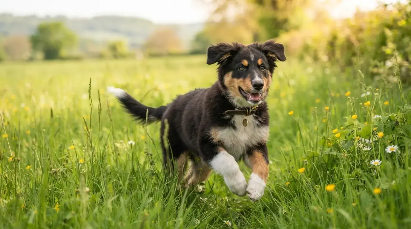 Jeune chien croisé de type berger, pelage tricolore, regard vif, dans un champ verdoyant, lumière naturelle, image réaliste professionnelle.
