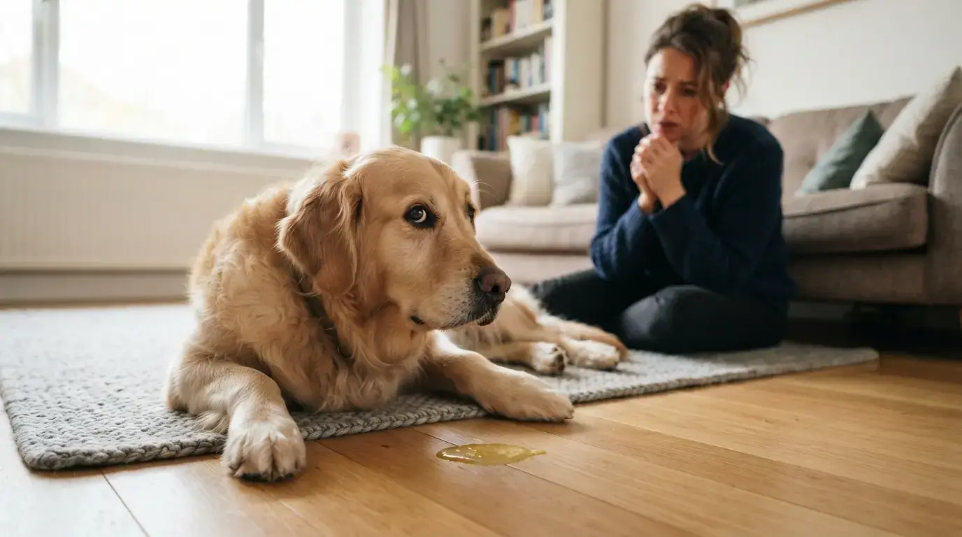 Chien inquiet allongé sur un sol propre, vomissement jaune discret à côté, propriétaire préoccupé en arrière-plan, lumière naturelle, style photo réaliste professionnelle.