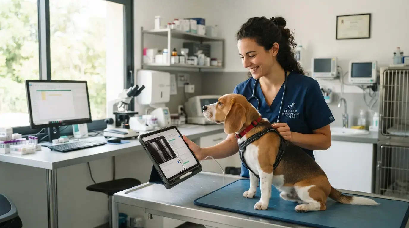 Cabinet vétérinaire moderne, vétérinaire souriant utilisant une tablette connectée auprès d’un chien, ambiance professionnelle, équipements médicaux récents, lumière naturelle.