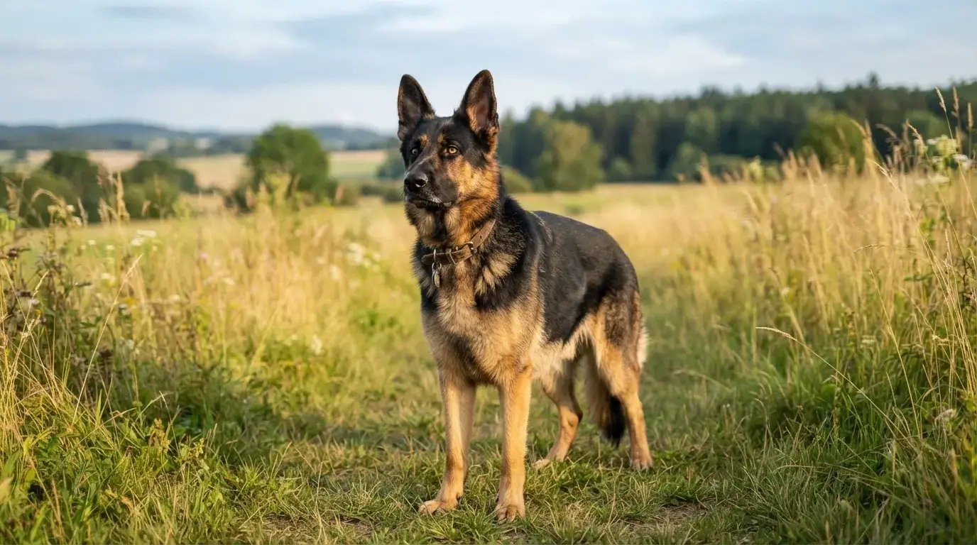 Chien de type berger, noir et feu, posture fière, regard attentif, debout dans un champ naturel, photo réaliste professionnelle.