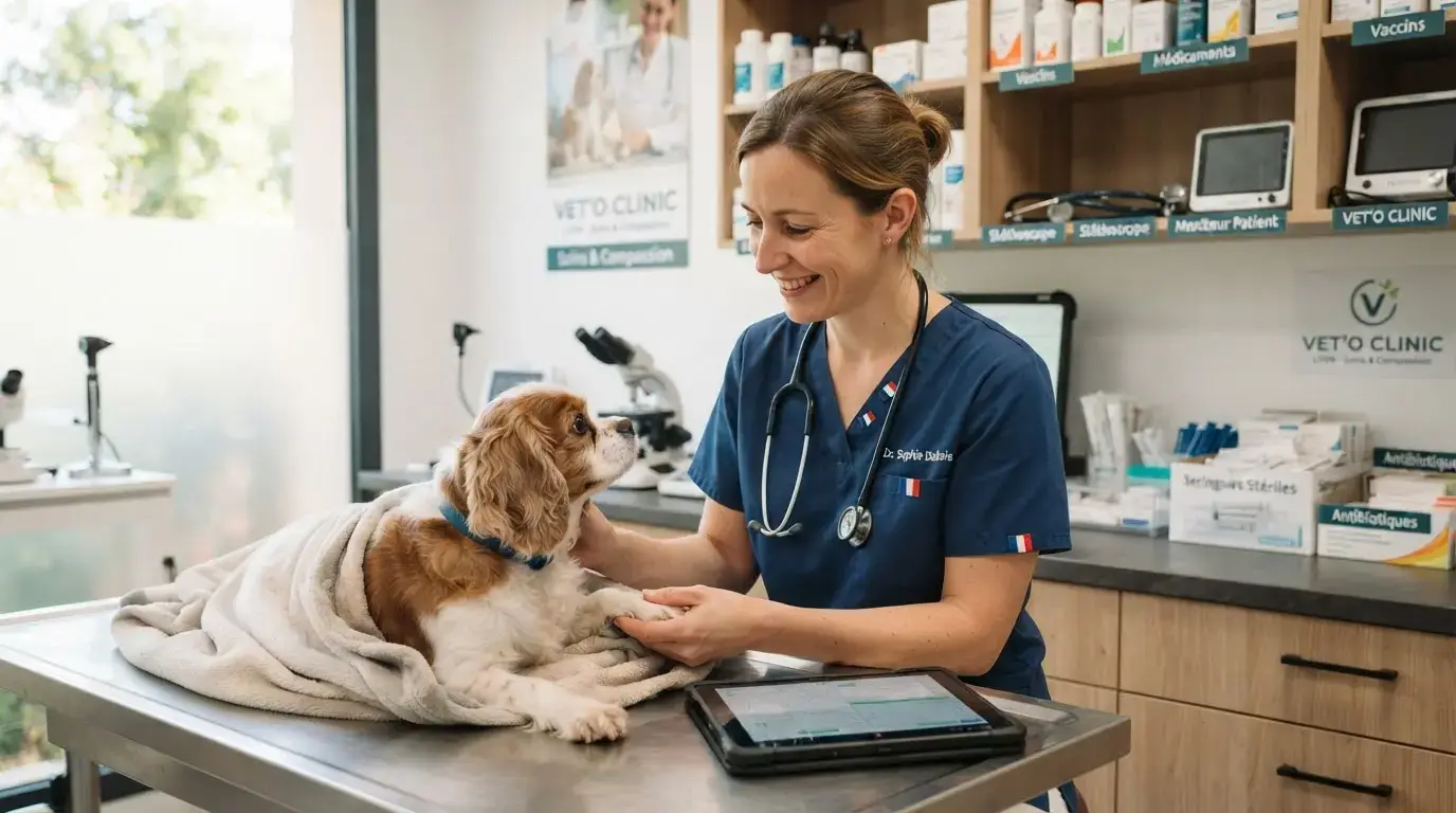 Vétérinaire français dans une clinique moderne, assistant un animal avec tablette et colis médicaux, ambiance professionnelle, lumineuse et rassurante.