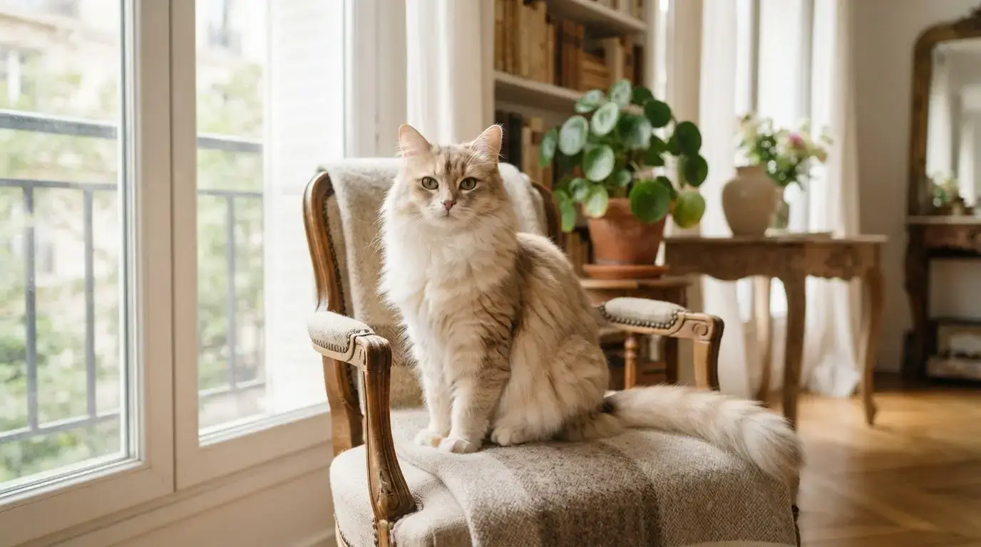 Chat domestique à poils mi-longs, pelage soigné et lumineux, assis dans un intérieur clair, ambiance élégante, naturelle et rassurante.