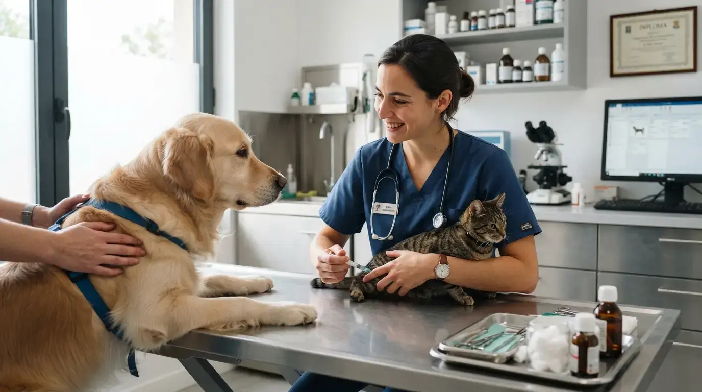 Vétérinaire en clinique moderne soignant un chien et un chat, ambiance professionnelle, médicaments visibles, lumière naturelle, style réaliste et rassurant.
