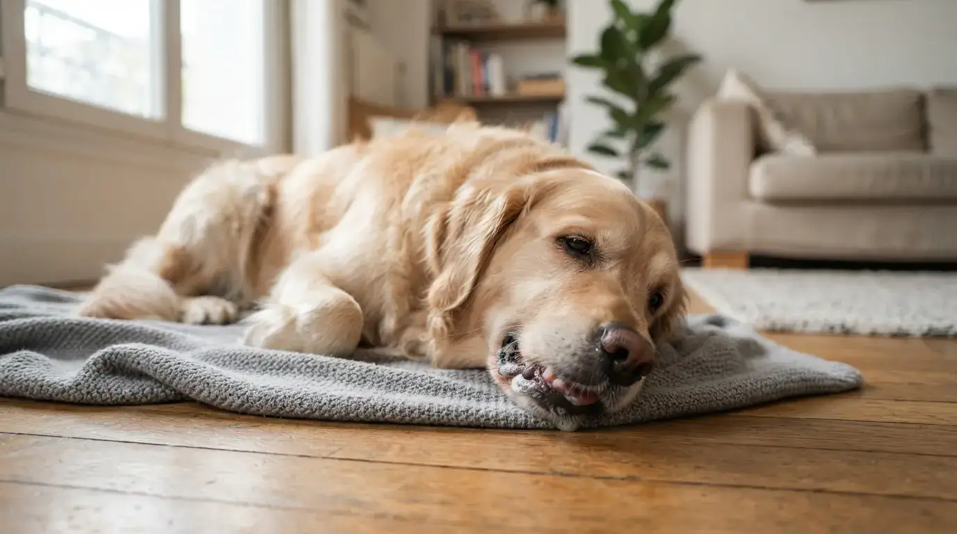 Chien domestique malade allongé sur le sol, bouche légèrement ouverte avec mousse blanche, intérieur lumineux, ambiance réaliste et professionnelle.