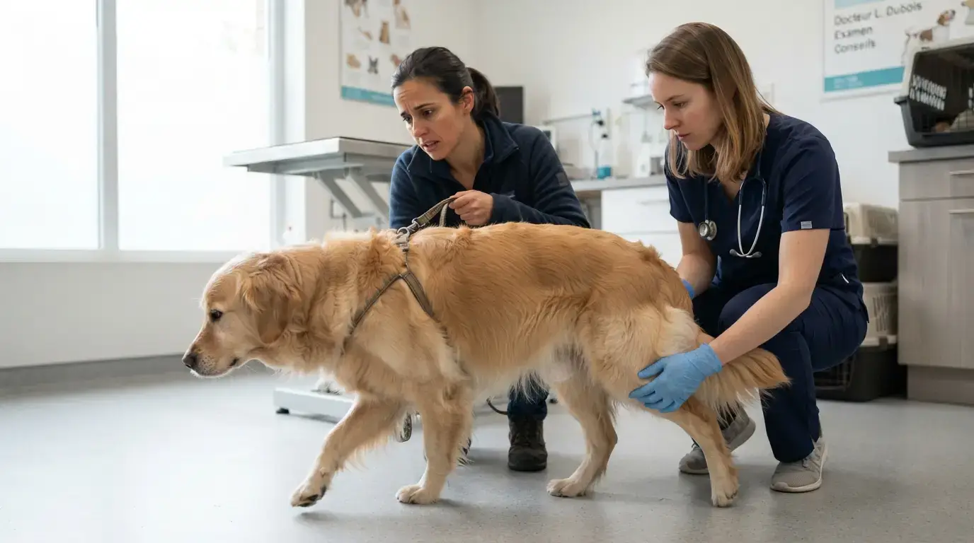 Chien de taille moyenne vu de profil, marchant avec difficulté, propriétaire inquiet et vétérinaire examinant son arrière-train dans un cadre clinique lumineux.