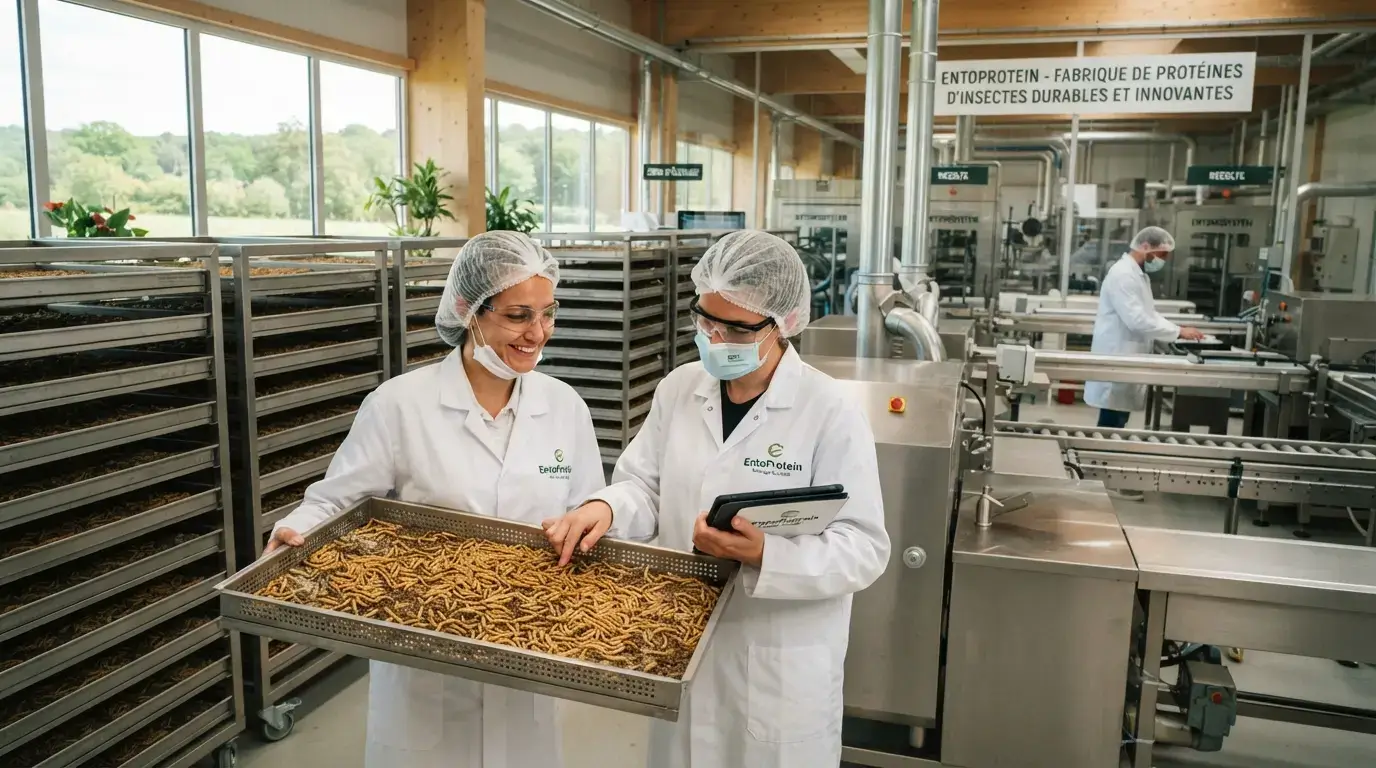Vue réaliste d’une usine moderne de protéines d’insectes, avec larves en production, collaborateurs en blouse et ambiance innovante, alimentaire et durable.