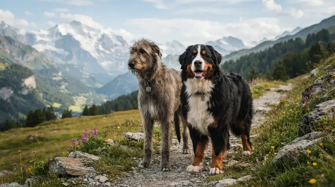Deux grands chiens de montagne côte à côte dans un paysage alpin, contraste clair de taille, pelage et expression, style photo réaliste professionnelle.