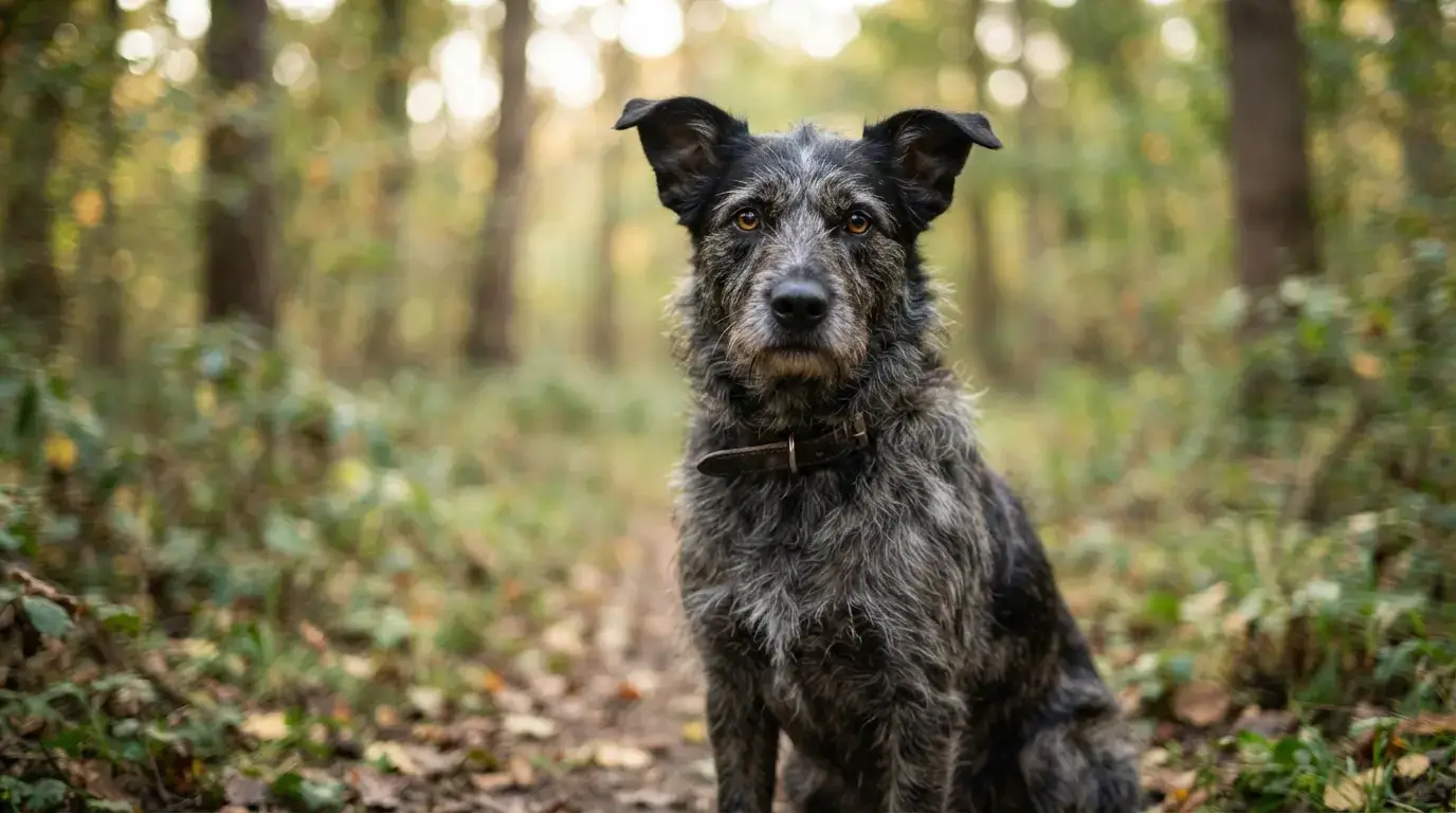 Chien hybride au regard expressif, pelage mêlé noir