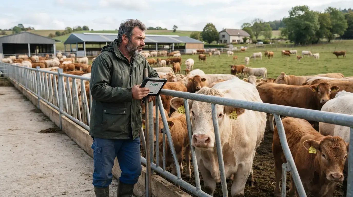 Photo réaliste d’un éleveur observant un troupeau équipé de boucles d’identification connectées, dans une ferme moderne française, ambiance professionnelle.